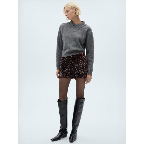Mango MNG Sequin Shorts Women's US Size M Burgundy Stretch Pull on NEW - Picture 1 of 10